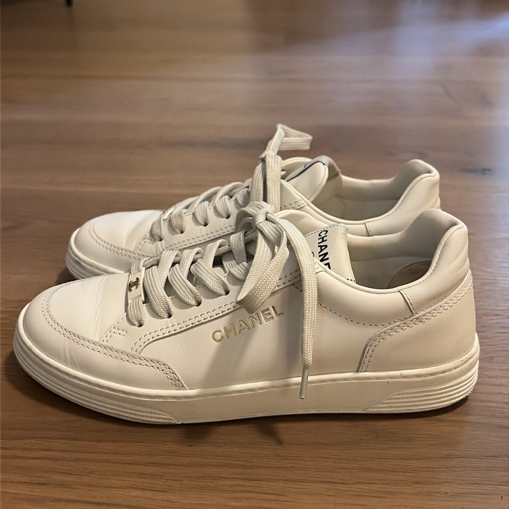 CHANEL White Leather Low-Top Sneakers - Women's - Picture 2 of 8
